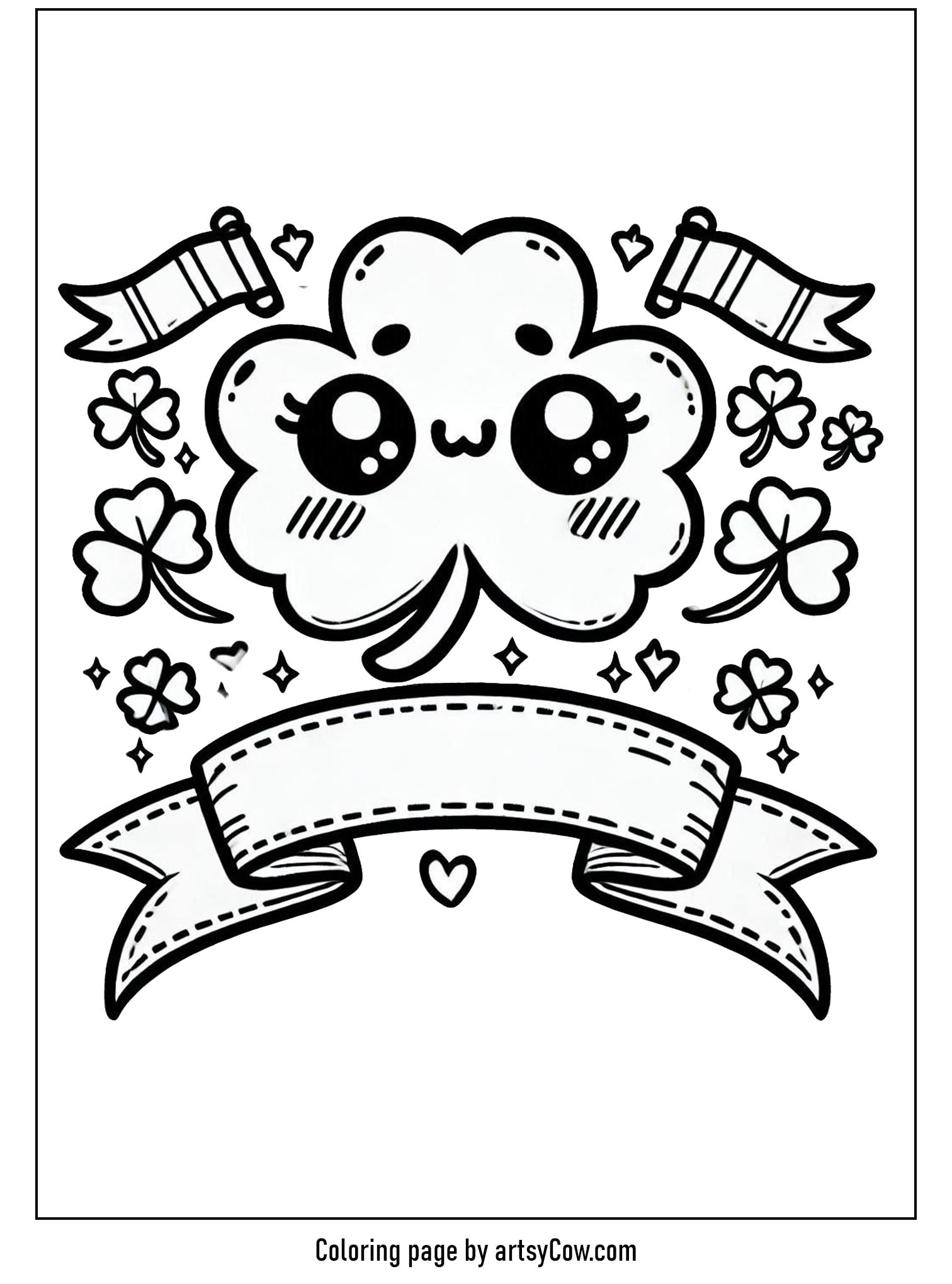 Shamrock Coloring Pages featuring a cute shamrock adorned with festive banners and little hearts, surrounded by tiny shamrocks and stars.